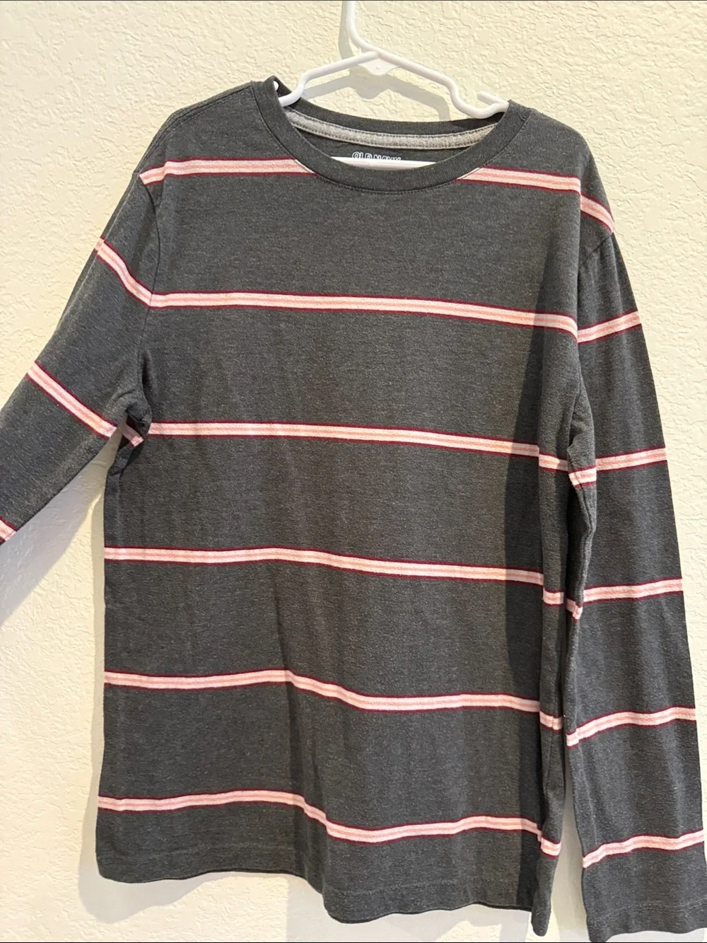 Old Navy Dark Gray Crewneck Top with Pink & White Stripes